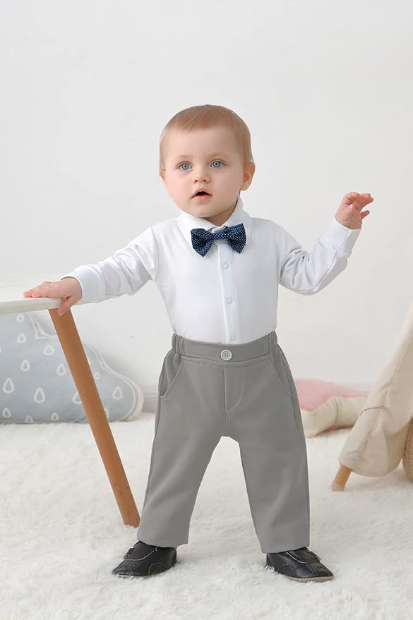 DISAUR Baby Boy Clothes Toddler Boy Outfits 4PCS Gentleman Dress Romper/Vest/Pants/Bow Tie Cotton Suit Sets