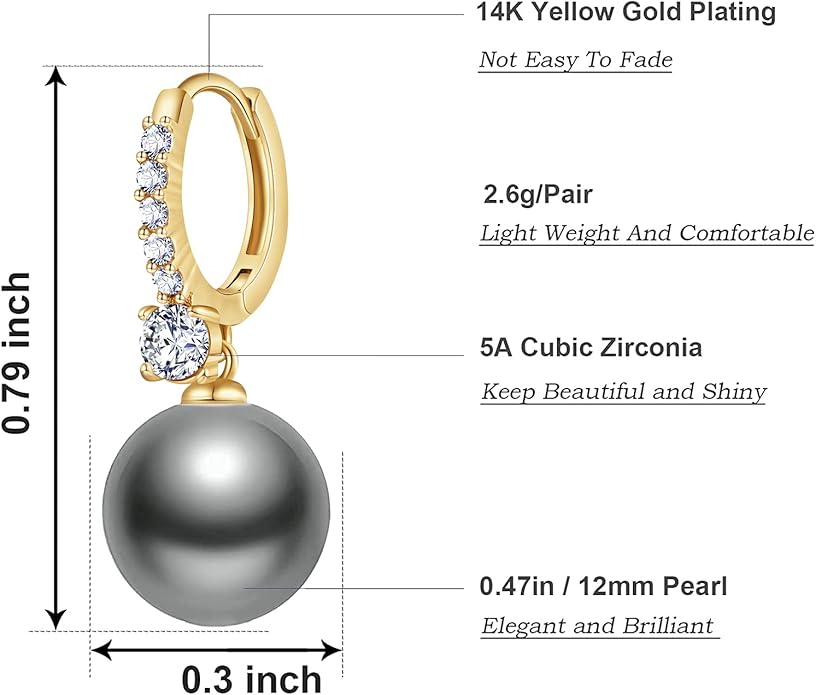 Pearl Earrings for Women 14K Gold Plated Hypoallergenic Pearl Earrings 5A Cubic Zirconia Dangle Earrings Elegant Jewelry