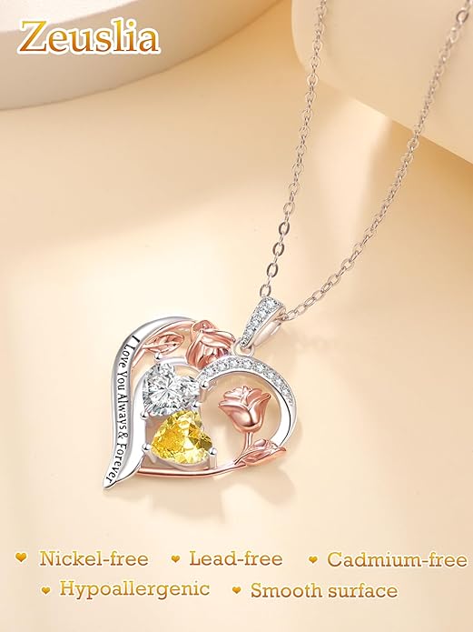 Valentine's Day Gifts for Wife 925 Sterling Silver Double Birthstone Pendant Necklaces I Love You for Always and Forever Necklace Anniversary Birthday Gifts for Wife Girlfriend Mom Her