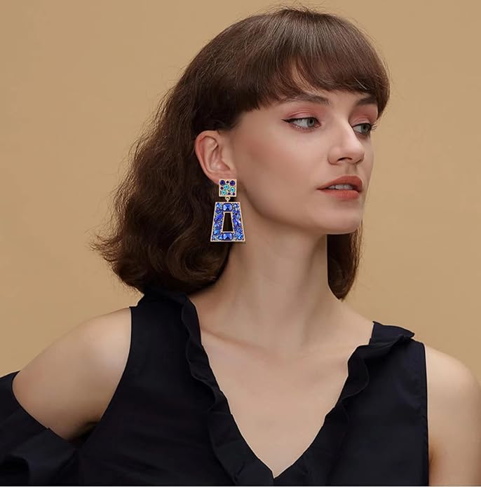 Rhinestone Rectangle Statement Earrings Colorful Crystal Geometric Drop Dangle Earrings for Women Prom Party