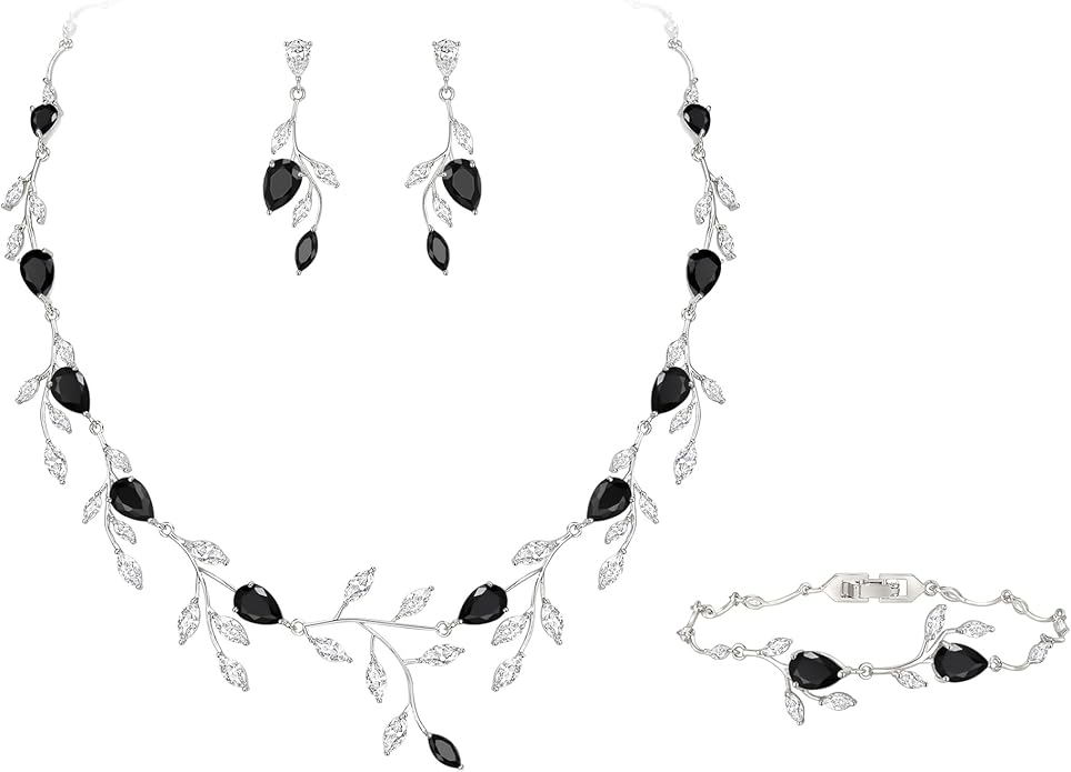 EVER FAITH Wedding Jewelry for Bride Women Bridesmaid, Sparkly Cubic Zirconia Pear-Shaped Birthstone Leaf Necklace Earrings Set for Prom