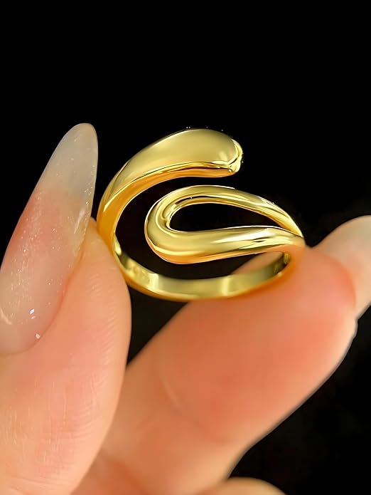 Chunky Rings For Women, Gold Silver Thumb Ring Asymmetrical Wavy Curve Ring Adjustable Non Tarnish Dainty Stainless Steel New Year Anniversary Birthday Jewelry Gift