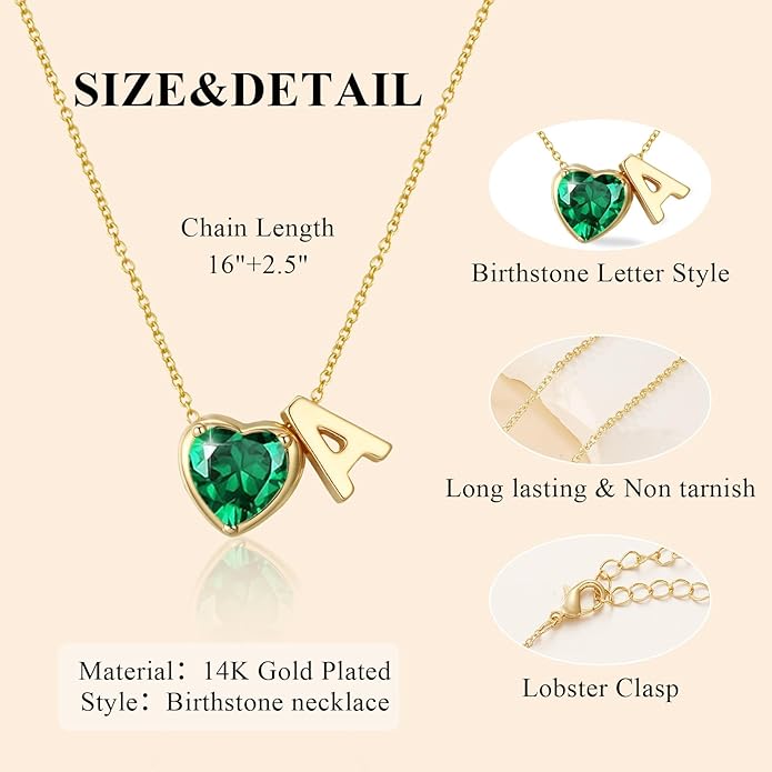 Valentines Day Gifts for Her- Heart Birthstone Initial Necklace for Women Girls,14K Gold Plated Heart Letter A-Z Necklace Birthday Trendy Jewelry Gifts for Women Girls Daughter