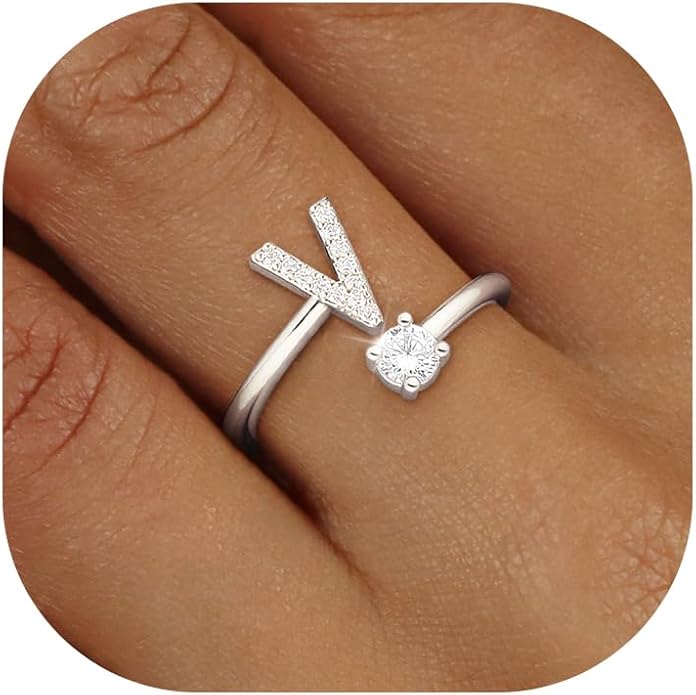 Valentines Day Gifts Gold Silver Initial Rings for Women Non Tarnish Dainty 14k Gold Plated Stackable Rings for Women Trendy Adjustable Letter Cubic Zirconia Pinky Ring Cute Open Birthday Gift Jewelry