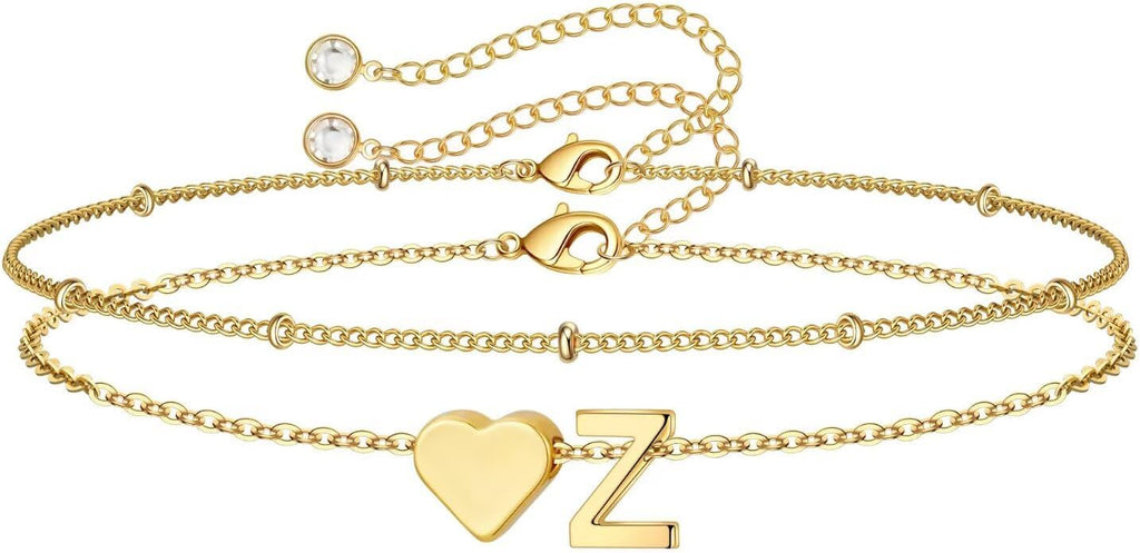 M MOOHAM Valentines Day Gifts for Kids Teen Girls -14K-Gold-Plated Heart Initial A-Z Bracelets for Women Girl Dainty Gold Bracelets Birthday Valentines Gifts for Women Her Teenage Girls Kid Teen Gift