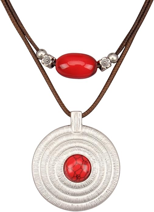 Boho Necklaces for Women Chunky Circle Necklace Layered Boho Circle Leather Choker Necklace Long Vintage Necklaces Bohemian Jewlery Gifts