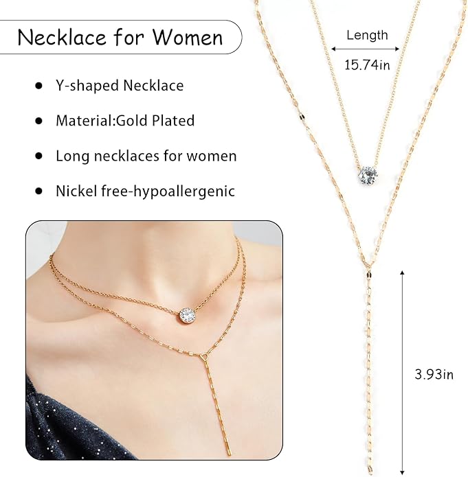 Necklace for Women, Dainty Long 14K Gold Y-Shaped Necklace Jewelry Trendy Beaded Layered Chain Drop Necklaces Jewelry Women Gifts