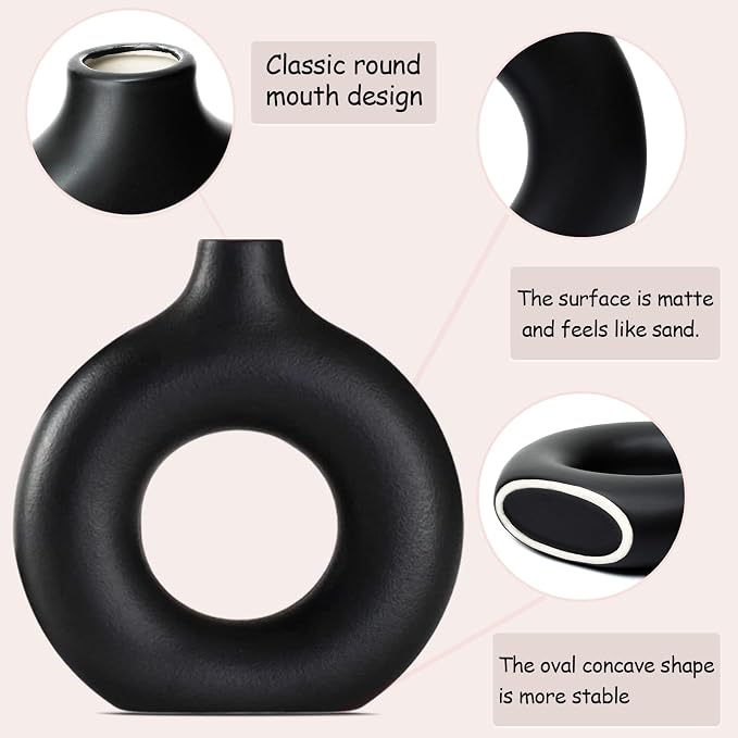 Black Ceramic Vase for Modern Home Decor, Round Matte Pampas Flower Vases - Image 7