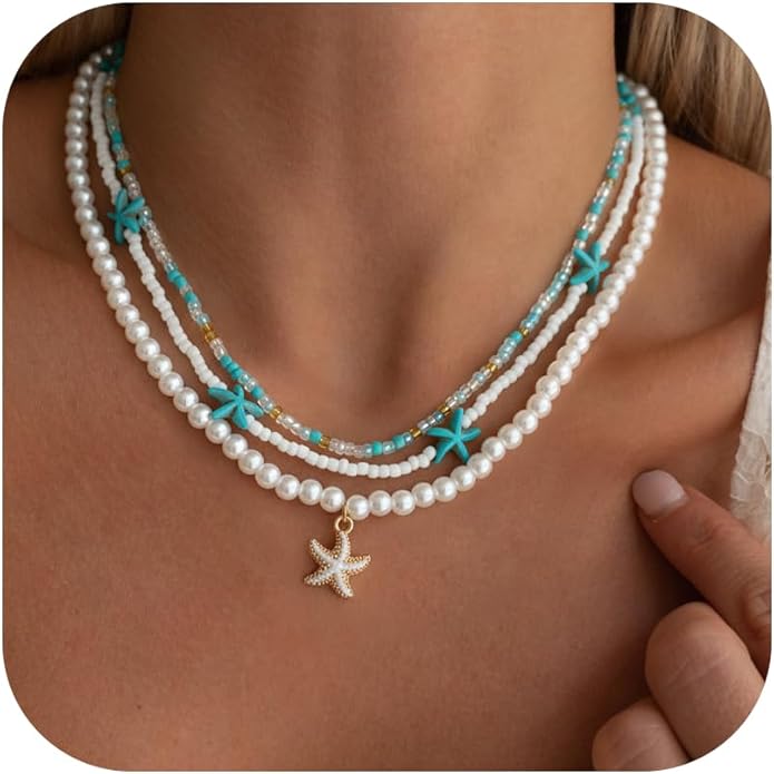 Women's Shell Starfish Boho Layered Beaded Necklace Choker for Summer Beach Vacation Gifts for Birthday/Anniversary/Christmas