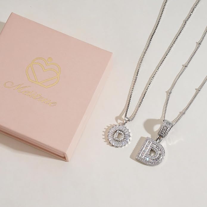 Initial Letter Necklace for Women 14k White Gold Silver Plated Dainty Necklaces Trendy Chunky Custom Layered Necklace Set Personalized Round Circle Zirconia A-Z Letter Chain Pendant Jewelry Gift