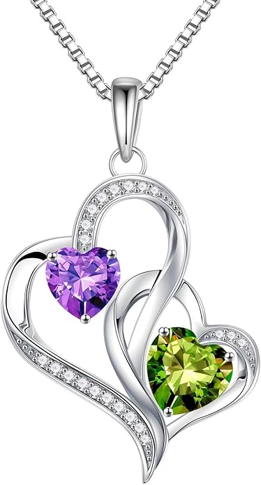 Iefil Valentines Day Gifts for Her - 925 Sterling Silver Double Birthstone Necklace, Heart Necklaces for Women, Anniversary Birthday Gifts, Personalized Jewelry Gift for Wife Mom Girlfriend