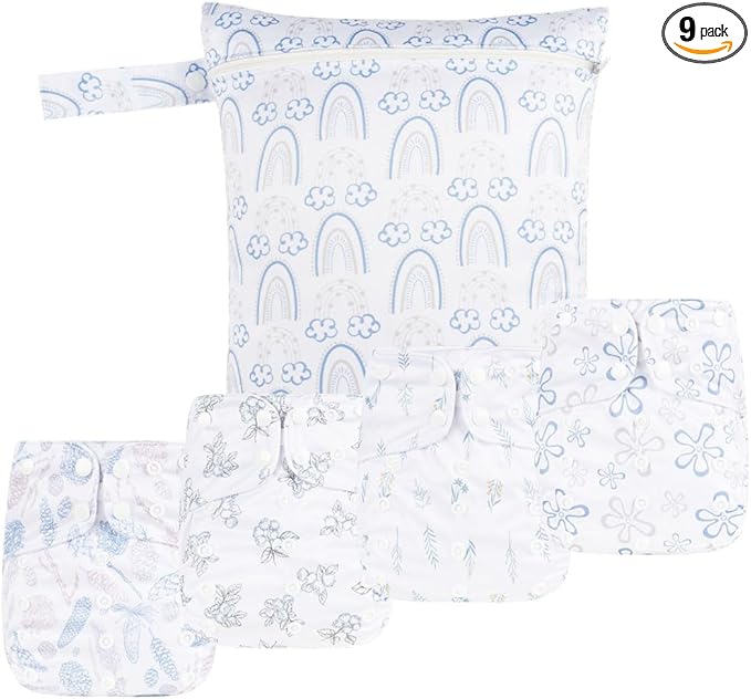 HappyFlute 9 Sets Newborn Baby Cloth Pocket Diapers Adjustable Reusable for Baby Boys and Girls(6-33 pounds,0-3 Years),One Wet Bag+4Diapers and 4Inserts (AD07)