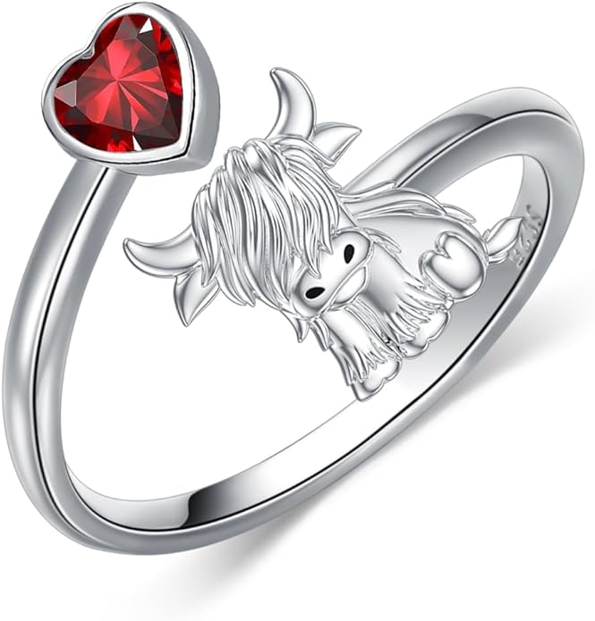Highland Cow Ring 925 Sterling Silver Adjustable Ring Birthstone Ring Engraved Name Highland Cow Gifts Jewelry for Women
