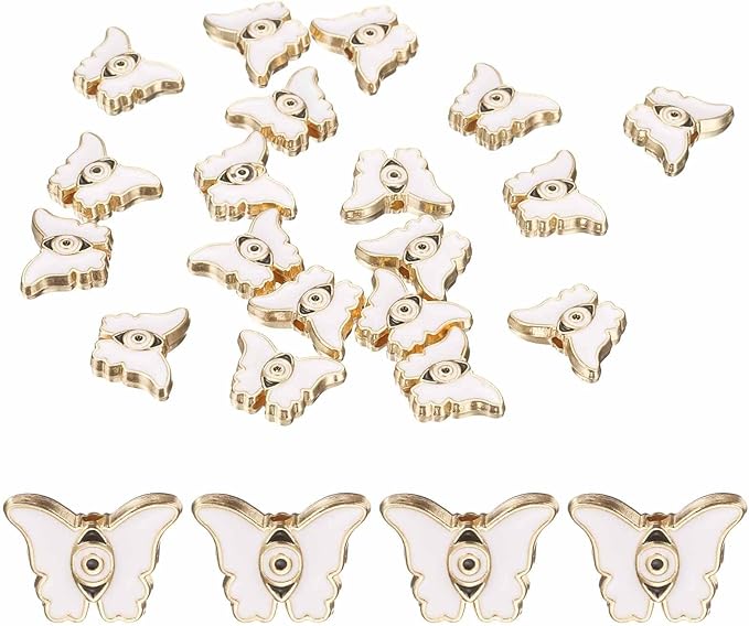 MECCANIXITY 20 Pcs Butterfly Evil Eye Beads Colorful Flat Loose Spacer Evil Eye Charms for DIY Bracelet Earrings Necklace Crafts Jewelry Making, White