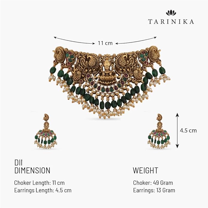 TARINIKA Brass Indian Choker Necklace Set - Gold Plated Cubic Zirconia Indian Jewelry Sets for Women Dangle, Drop, Jhumka Earrings Traditional Desi Necklace Pearls Gift for her