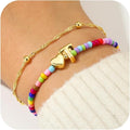 Ursteel Valentines Day Gifts for Kids Teen Girls - 14K Gold Plated Beaded Letter A-Z Bracelet, Layered Stretch Initial Bracelets, Women Trendy Bohemian Jewelry Birthday Gifts