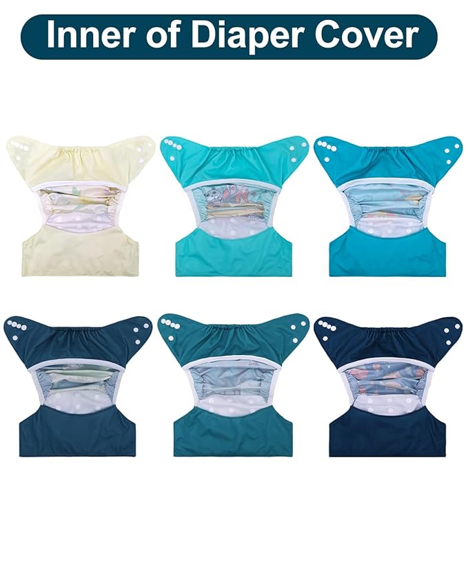 babygoal Cloth Diaper Covers 6 Pack with Wet Bag for Fitted Diapers and Prefolds with Double Gussets, Adjustable and Reusable for Baby Boys 6DCF13-B
