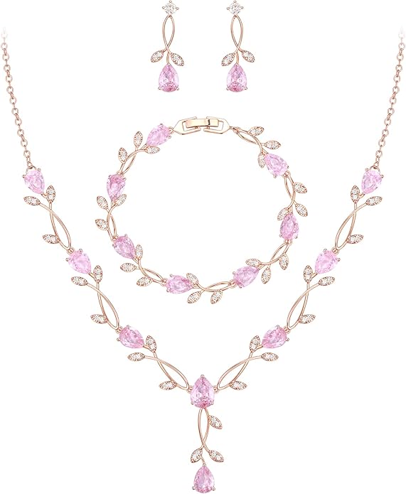 EVER FAITH Bridal Cubic Zirconia Jewelry Sets for Women, White Simulated Pearl Leaf Vine Pendant Wedding Party Necklace Earrings Set for Bridesmaid Bride