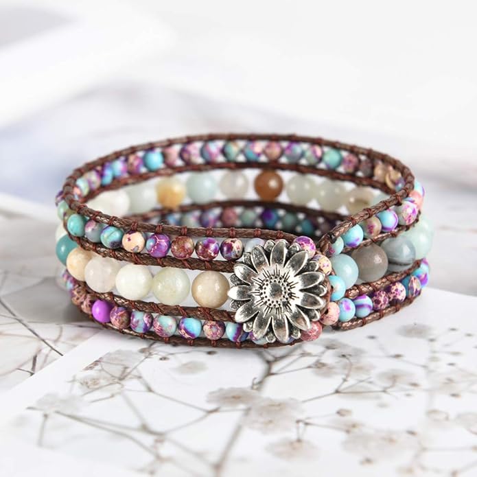 YGLINE Boho Handmade Natural Stone Bead 3 Row Wide Wrap Wrist Statment Bracelet Jewelry Collection