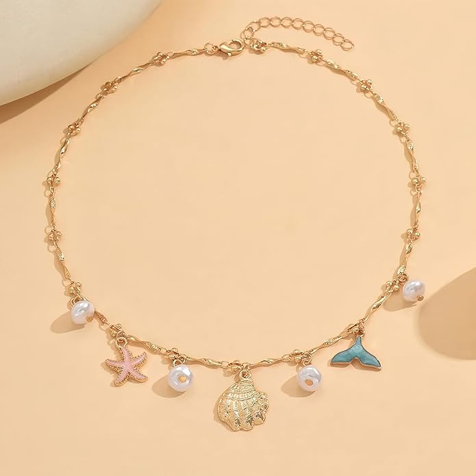 Shell Starfish Necklace for Women, 14k Gold Plated Boho Layered Beaded Charm Pendant Necklace, Dainty Adjustable Pearl Conch Summer Beach Vacation Jewelry Gifts