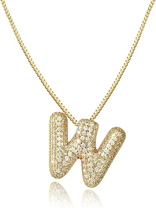 SKQIR Diamond Initial Letter Necklace for Women Bubble Gold Plated Puffy Balloon Alphabet Crystal Zircon Pendant Name Necklace Dainty Charms Trendy Jewelry Gift for Women