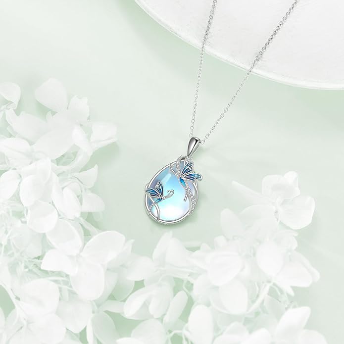 KQF Dragonfly/Butterlfy/Cat/Jellyfish/Bunny/Axolotl/Bee/Mermaid/Hummingbird/Elephant Necklace for Women Sterling Silver Moonstone Pendant Necklace Dragonfly Jewelry Gifts for Women