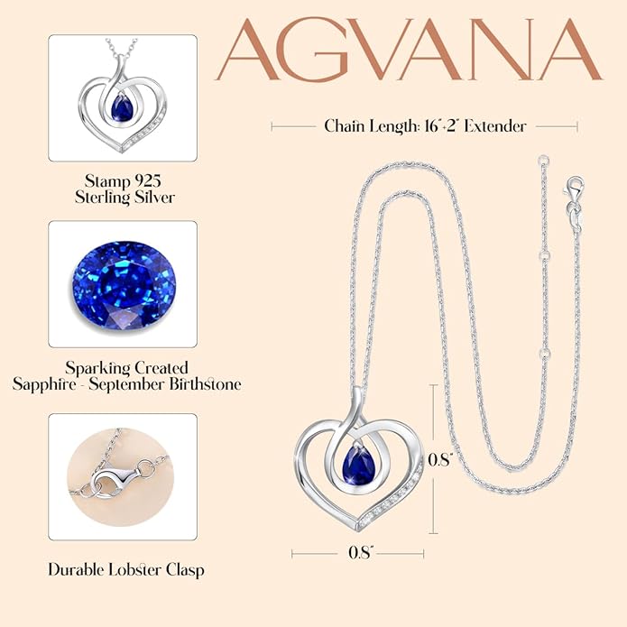 AGVANA Valentines Day Gifts Heart Birthstone Necklace for Women Sterling Silver Genuine or Created Gemstone Forever Love Pendant Necklace Fine Jewelry Anniversary Birthday Gifts for Women Mom Wife