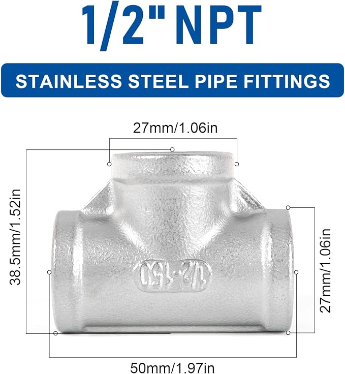 Pipe Fittings 304 Stainless Steel Tee Pipe Fittings 1/2" x 1/2" x 1/2" NPT - Image 2
