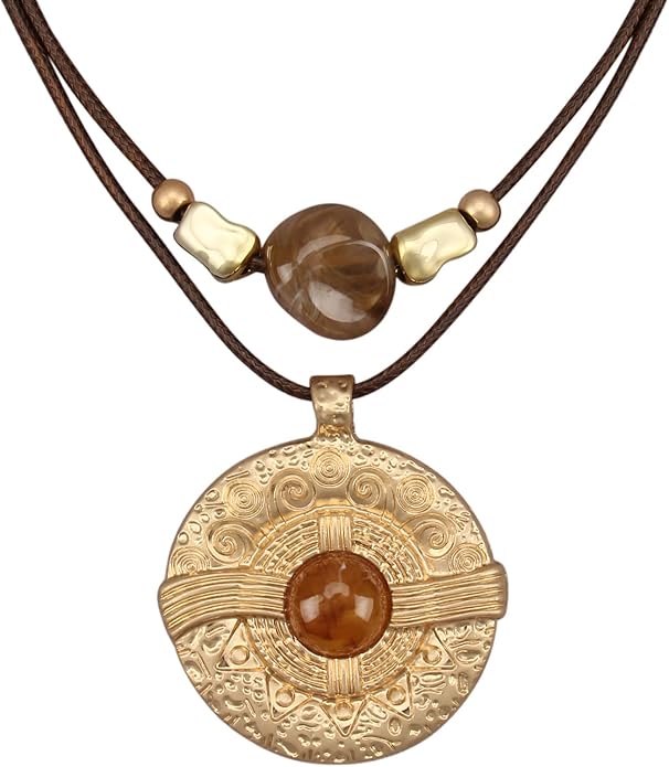 Boho Necklaces for Women Chunky Circle Necklace Layered Boho Circle Leather Choker Necklace Long Vintage Necklaces Bohemian Jewlery Gifts