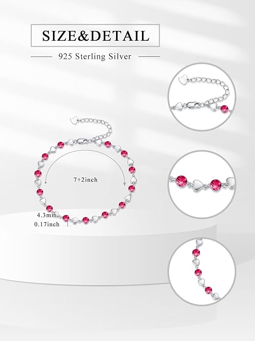 Birthstone Charm Link Bracelet 925 Sterling Silver Rose/Heart/Mom Bracelet with 12 Months Birthstone Mother's Day Gift Jewelry Gifts for Women,Chain Length 7"+2" Extend