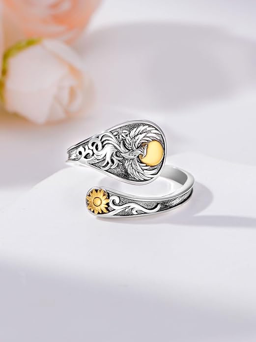 Midari Sun and Moon/Bee/Celtic/Life of Tree/Lotus Spoon Ring for Women 925 Sterling Silver Adjustable Ring Open Ring for Women Men Halloween Birthday Gift