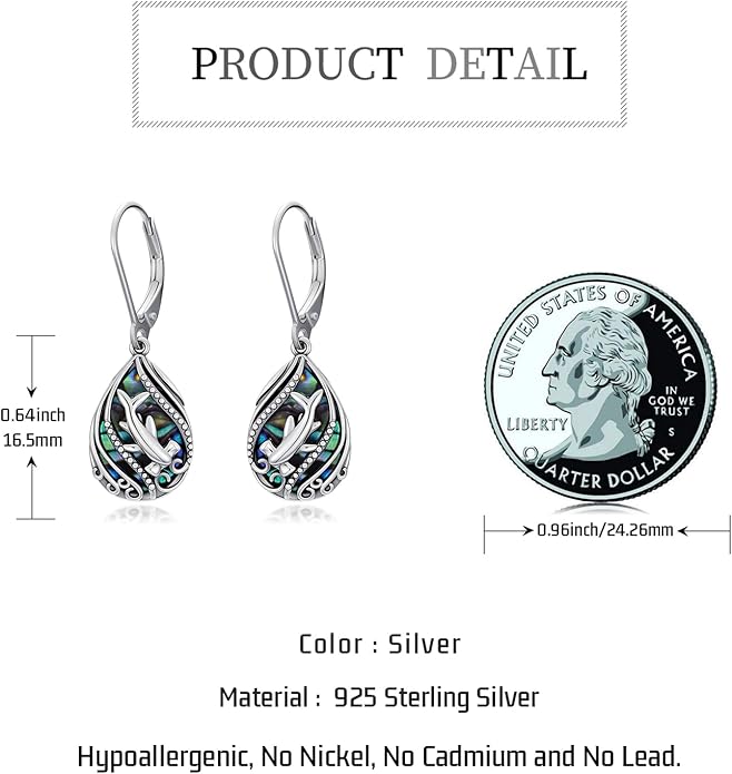 Animal Earrings 925 Sterling Silver Abalone Shell Dangle Drop Earrings Leverback Earrings Cute Animal Jewelry Gifts for Women Girlfriend