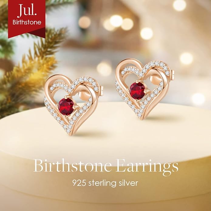 CDE Forever Love Heart Stud Earrings for Women, 925 Sterling Silver Birthstone Heart Stud Earrings Christmas Day Mother's Day Gift Anniversary Birthday Jewelry Gifts for Women Wife Her