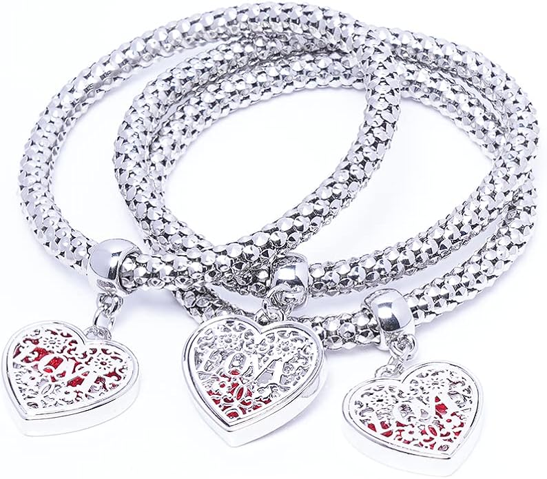 Crystal Charms Multilayer Bracelets - 3PCS Gold/Silver/Rose Gold Corn Chain Bracelet for Women, Tree of Life Heart Shaped Stretch Bracelet