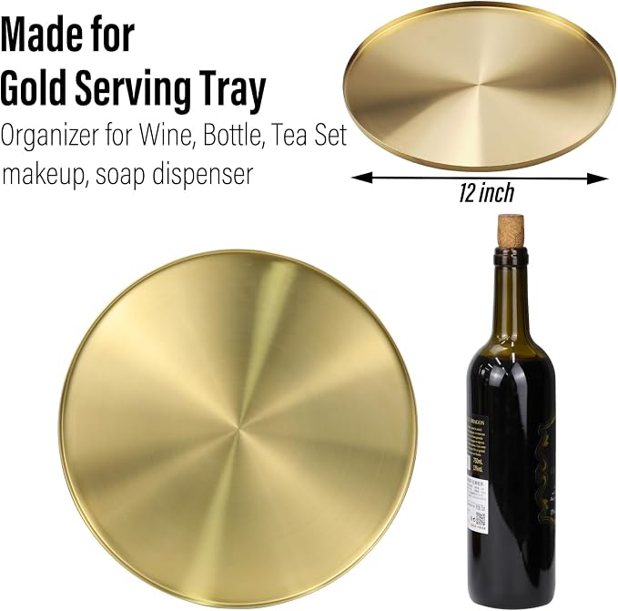 FREELOVE 12 Inch Brushed Gold Round Tray, Stainless Steel Brass Decorative Tray - Image 2