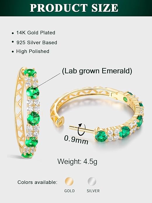 Women's Huggie Hoops with Birthstone 925 Sterling Silver Huggie Stud Hypoallergenic 14K Gold Plated Moissanite Earrings -Emerald Sapphire Ruby Hoop Earrings, Size 20 25mm