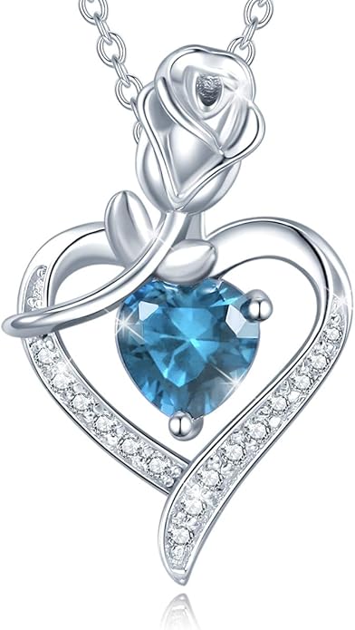 AGVANA Valentines Day Gifts Rosy Reverie Birthstone Necklace for Women Sterling Silver Genuine or Created Gemstone Rose Flower Heart Pendant Necklace Anniversary Birthday Gifts for Women Mom Wife Her