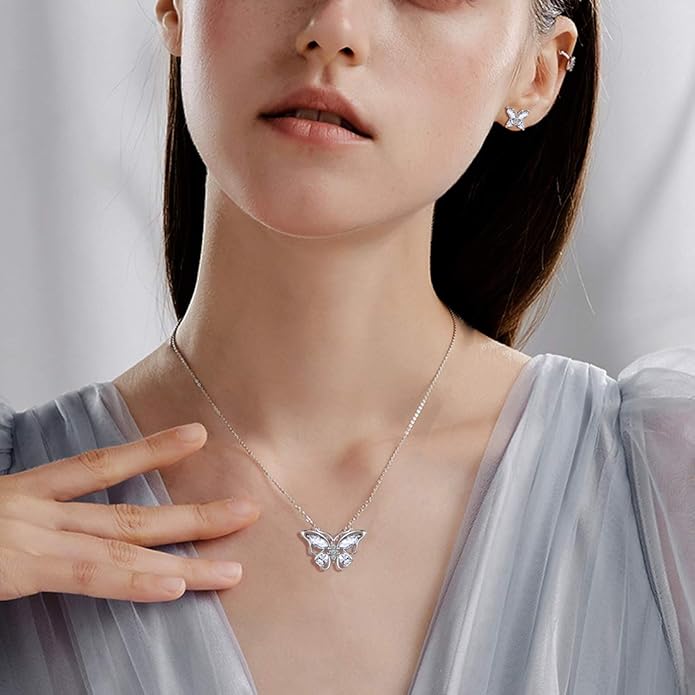 925 Sterling Silver Birthstone Butterfly Jewelry Women Crystal Animal Cute Butterflies Birthday Necklace/Earring/Ring/Bracelet Sets Birth Stone Statement Anniversary Jewellery