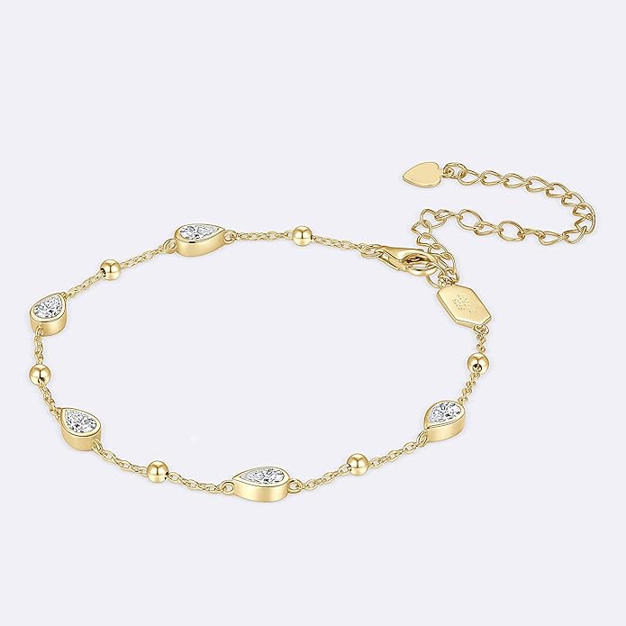 Pear Moissanite Link Bracelet, 1.75cttw D Color VVS1 925 Sterling Silver Adjustable 5-Stone Pear Bracelets for Women Mom Wife Birthday Jewelry Gifts