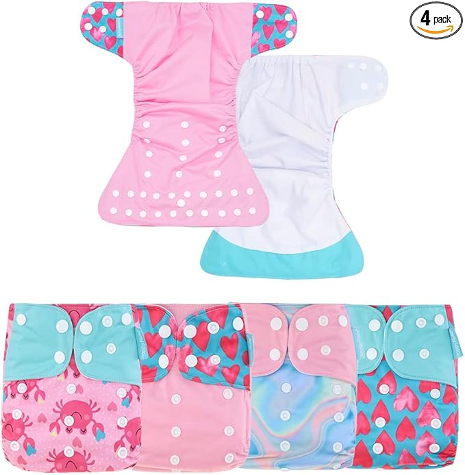 HappyFlute 4 Sets Newborn Baby Cloth Pocket Diapers One Size Adjustable Reusable for Baby Boys and Girls(No Inserts,Pink)