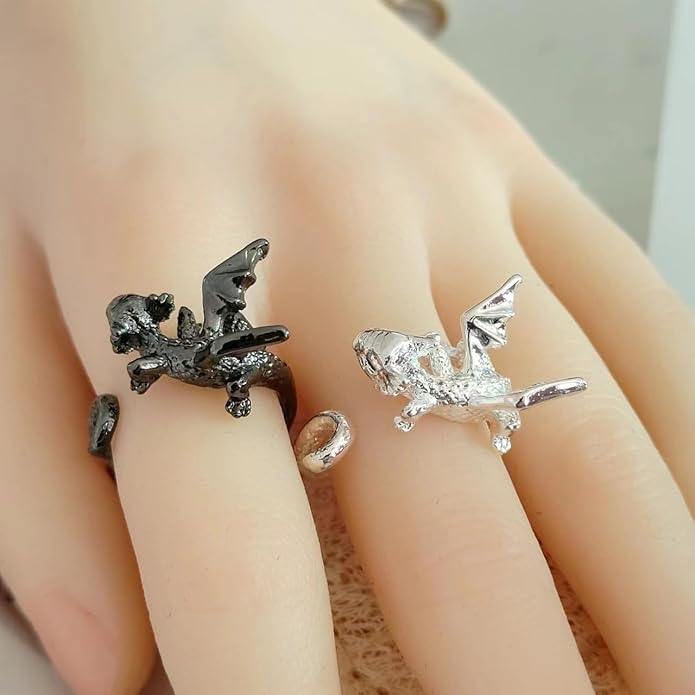 PINK TOWN Dragon Ring for Women - Cute Kawaii Gold and Silver Adjustable Dinosaur Ring - Flying Dragon Animal Shape - Friendship Birthday Party Christmas and Other Jewelry