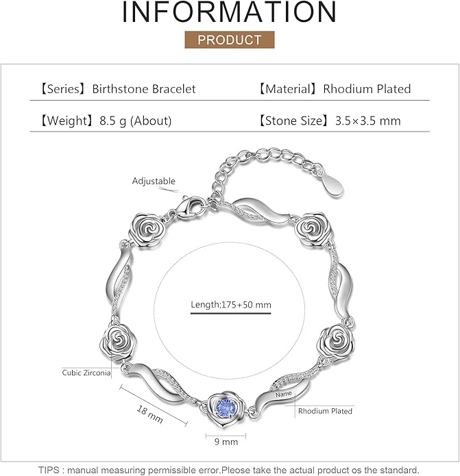 Personalized Simulated Birthstone Bracelets Adjustable Rose Flower Chain Charm Bracelet with 1-5 Name Initial Engraved for Women Mom Christmas Gifts