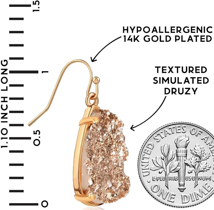 Teardrop Dangle Earrings for Women with Simulated Druzy Stones in Gold or Silver Tone