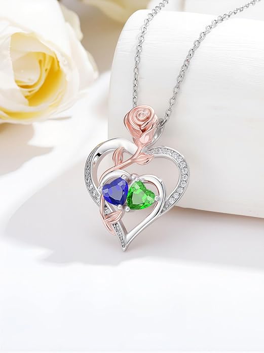 Rose Flower Heart Pendant for Women Birthday Gifts 18k Gold Plated Mother Daughter Necklace with 12 Months Birthstone Christmas Valentines Day Gifts for Her Mom Anniversarry Jewelry for Mom Wife Girlfriend