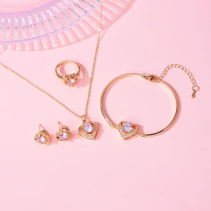 4pcs Cubic Zirconia Wedding Jewelry Sets for Bride Bridesmaid Cubic Zirconia Pendant Necklace Earrings Link Tennis Bracelet Open Ring Set for Women
