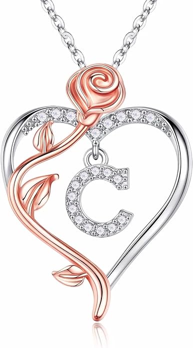 Iefil Valentines Day Gifts for Her - 925 Sterling Silver Rose Heart Initial Necklace, Anniversary Birthday Gifts for Women, Jewelry Gift for Her Wife Girlfriend