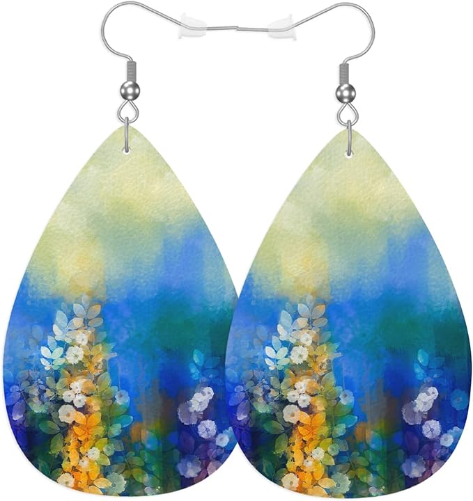 Earrings For Women Ivy Leaves, Abstract Flowers Watercolor Painting Spring Floral Fashion Leather Teardrop Earrings Lightweight Earrings For Women Friends Bridal