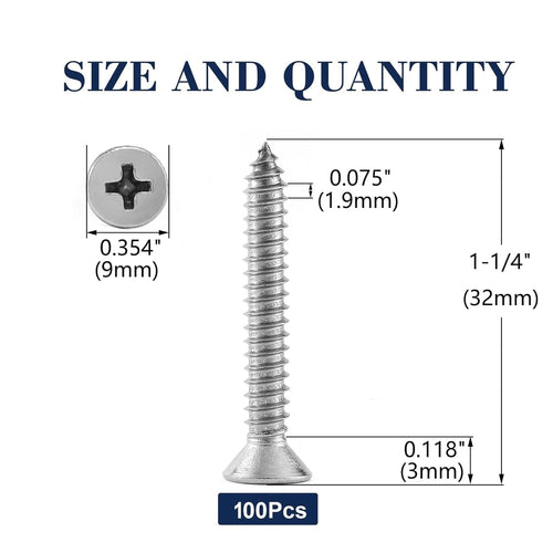 #10 x 1-1/4" Wood Screw 100Pcs 18-8 (304) Stainless Steel Screws Flat Head Phillips Fast Self Tapping Drywall Screws by SG TZH