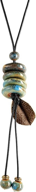 MINACHI Vintage Bohemian Leaf Charm Colorful Ceramic Bead Long Y Necklace, Boho Jewelry Gift for Women
