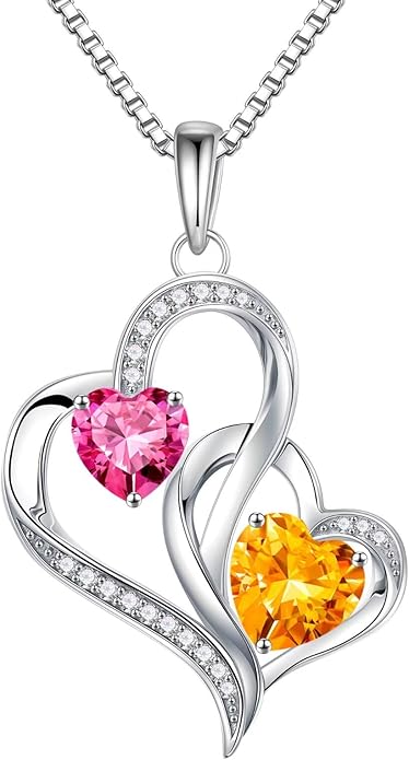 Iefil Valentines Day Gifts for Her - 925 Sterling Silver Double Birthstone Necklace, Heart Necklaces for Women, Anniversary Birthday Gifts, Personalized Jewelry Gift for Wife Mom Girlfriend